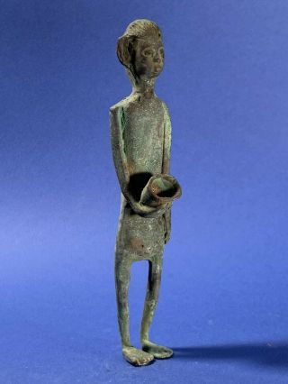 Ancient Luristan Bronze Statue Idol Of Man Holding Offering Bowl Circa: 1000 Bce