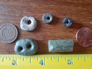 5 Pre Columbian Mayan Authentic Jade Beads,  1 Large Button Type,