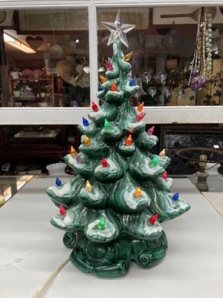 Vintage Ceramic Christmas Tree W/base Atlantic Mold Lights Star Snow Flock 18”