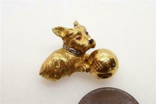 Cute Little Vintage European 18k Gold Diamond & Ruby Terrier Dog & Ball Brooch