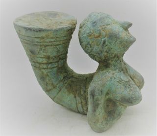 Ancient Near Eastern Bronze Rhyton Vessel In The Form Of A Female