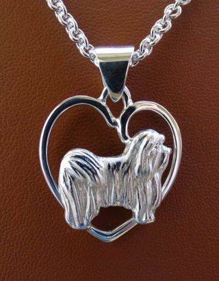 Small Sterling Silver Havanese Standing Study On A Heart Pendant