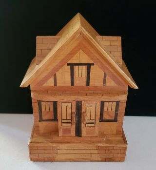 Vintage Japan Puzzle Box Bank House Wooden Hidden Drawer & Key