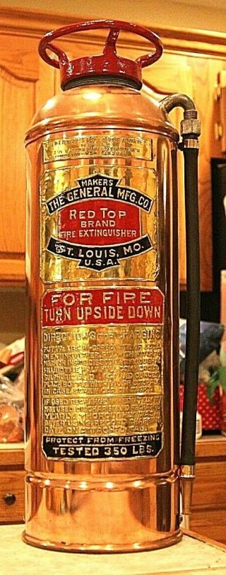 Rare Antique Vintage " Red Top " Copper Brass Fire Extinguisher - Polished Restored