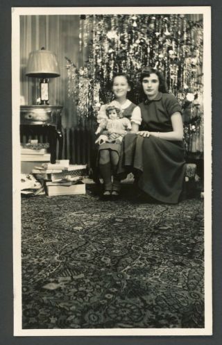 Woman Young Girl Doll Christmas Tree Vintage Photo Snapshot 1940s Family Gifts