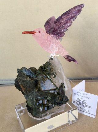 Rose Quartz/Fluorite Hummingbird on Tourmaline/Quartz 5 