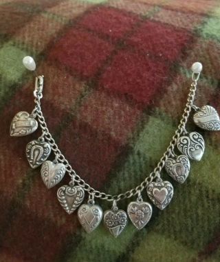Vtg Sterling Silver Repousse Puffy Heart Charm Bracelet 11 Charms 17.  47 Grams
