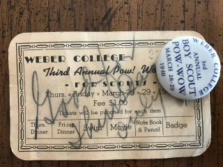 Boy Scout Pin Back Button Boy Scout Pow - Wow Weber College Utah March 28 - 29,  1940