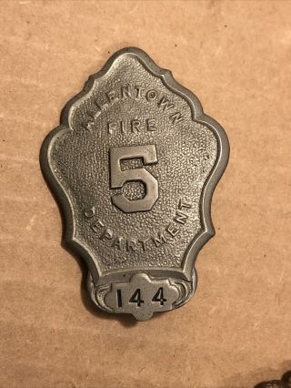 Antique Obsolete Allentown Fire Department Badge C.  G.  Draxmar Co.