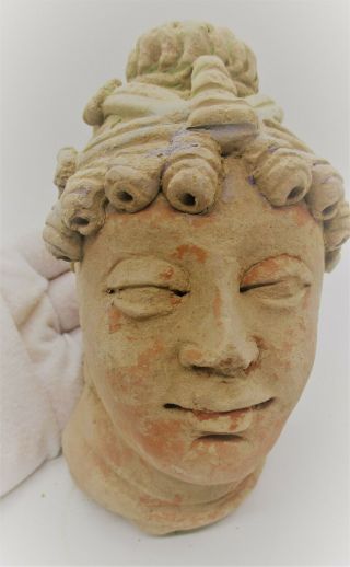 Rare Ancient Gandhara Terracotta Head Statue Fragment Female Head Circa 200 Bc