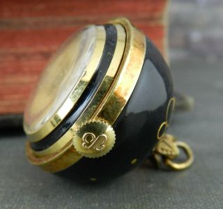 Vintage Ernest Borel Black & Gold Enamel Ball Watch Pendant 2
