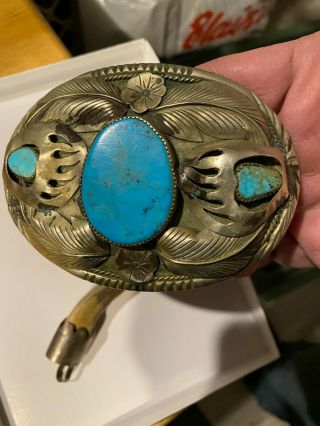 Large Vintage Ornate Native American Sterling Silver With Turquoise Belt Buckle