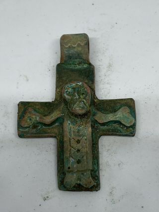 Roman Ancient Artifact Bronze Cross With Jesus 200 - 300ad