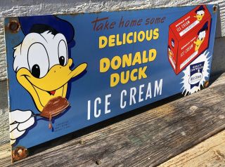 Lg 1950 ' S OLD VINTAGE DONALD DUCK ICE CREAM PORCELAIN GAS PUMP ADVERTISING SIGN 2