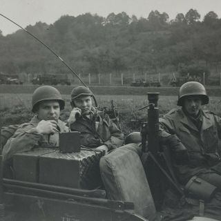 Vintage Photo 1960s Us Army Soldiers Radio Military Jeep In Germany Smoking Pipe