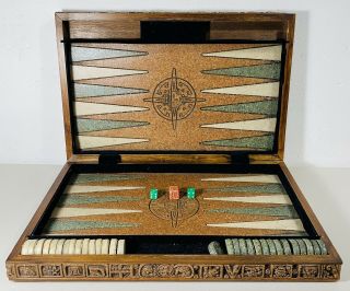 Vintage Leather Bound Case Backgammon Set Aztec Mayan Carved Mexican Marble Rare