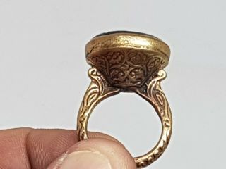 Stunning Rare Ancient Roman Gold Gilted Seal Ring Bird Figures 10,  6 Gr.  19 Mm