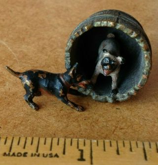 Vintage Metal Toy Manchester Terrier And Pug Victorian Dogs At Play In A Barrel