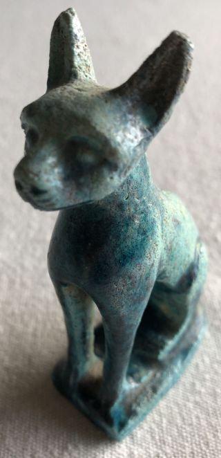 Antique Egyptian Bastet Blue Faience Deity Cat Statue Ancient Glazed Goddess Miw