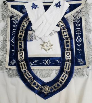Masonic G Master Mason Blue Lodge Apron W/ Chain Collar Gloves Embroidered