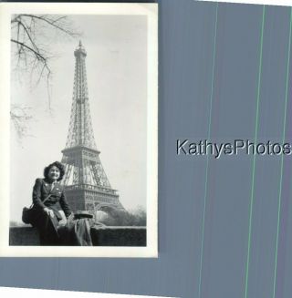Found B&w Photo K_7940 Woman Sitting On Wall Eiffel Tower In Distance