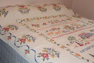 Vintage Lovely Hand Stitched Cotton Quilt Embroidered On Cream 78x92