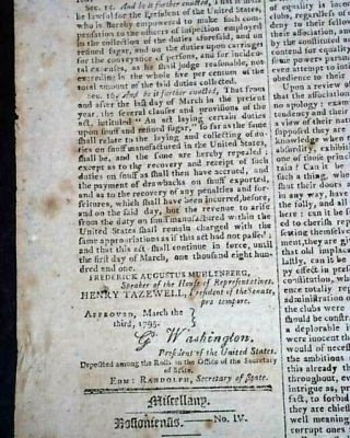 President George Washington Script Signed Act Of Congress Duties 1795 Newspaper