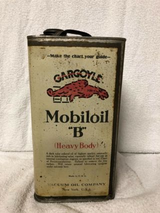 Vintage GARGOYLE MOBIL OIL “B” Heavy Body 1 gal.  metal oil can 3