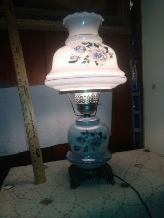 Vintage Large Electric Hurricane Lamp Blue Floral,  Accurate Casting White Rose