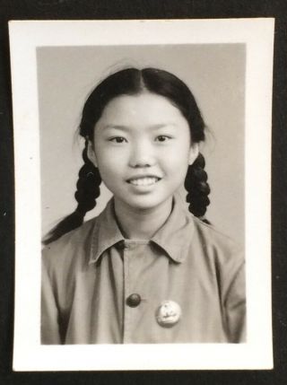 Cute Girl Chairman Mao Badge Braid China Culture Revolution Photo