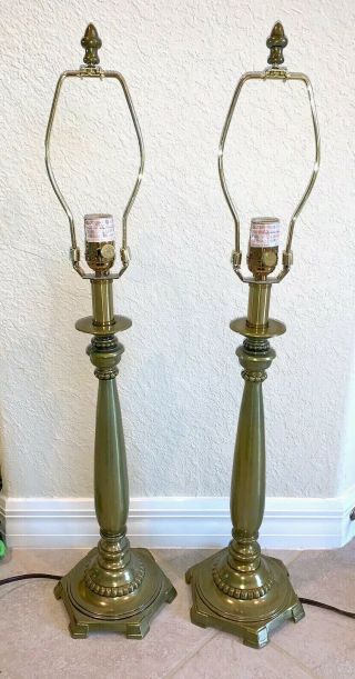 Vintage Stiffel Candlestick Yellow Brass Table Lamp Pair With Beaded Edge,