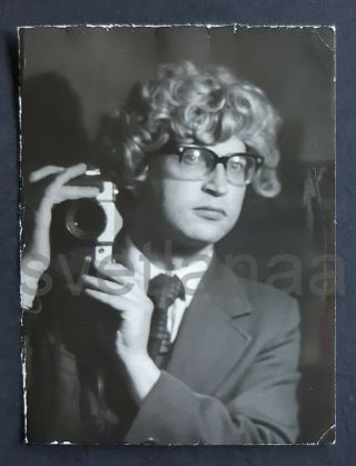 Self Portrait Mirror Photo Camera Man Photographer Wig Hair Unusual Odd Vintage