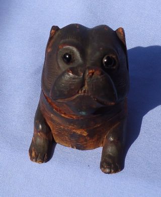 Antique Pug Wood Inkwell Black Forest Dog Glass Eyes