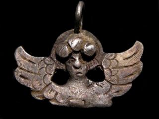 Rare Post Byzantine Silver Religious Double Faced Angel Amulet Pendant,