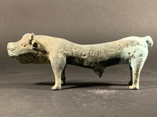 Ancient Roman Bronze Pig With Writing On Both Sides - Very Rare Circa 100 - 300ad