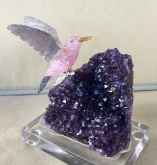 Rose Quartz/ Fluorite Hummingbird On Amethyst 4 1/4  " - Peter Muller