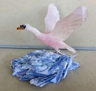 Whistling Swan Of Rose Quartz On Kyanite 6 1/2 " - Peter Muller