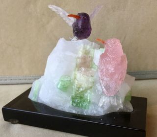 Hummingbird Pair on Rose Quartz/Fluorite and Amethyst 5 