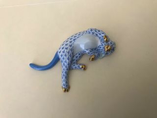 Herend Hungary Cat Laying With Gold Trim.  Porcelain With Blue Fishnet,
