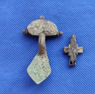 Ancient Roman Bronze Fibula Brooch And Ancient Bronze Cross Encolpion