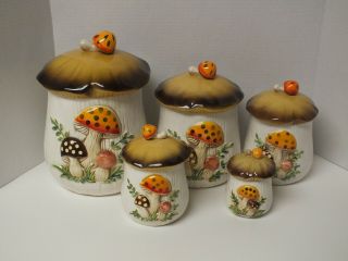 Vintage 1978 Sears Roebuck & Co Merry Mushroom Ceramic Canister Jar Set Of 5