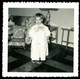 Vintage Photo Little Girl In Hair Curlers And Nightgown 1950 