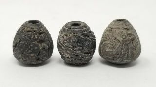 Set Of 3 Manteno Pre - Columbian Terracotta Spindle Whorl Beads W Animals