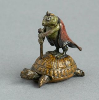 Rare Vintage Cold Painted Bronze Miniature Frog King Parading On Tortoise Signed