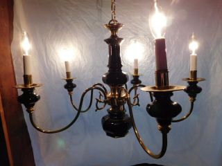 Vintage Ceiling Fixture Chandelier Light Hollywood Regency Black Brass Dining Rm