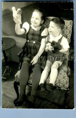 Found B&w Photo N,  8860 Little Boy And Girl In Dress Sitting In Chair Together