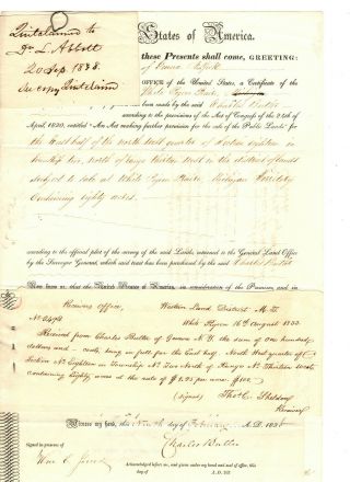 1834 Michigan Territory Andrew Jackson Secretarial Land Grant W/ Receipts