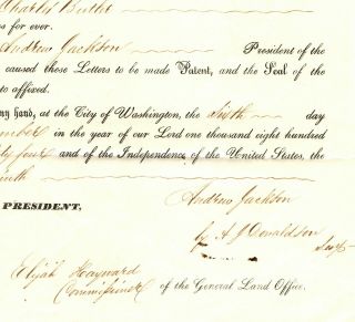 1834 Michigan Territory Andrew Jackson secretarial land grant w/ receipts 2