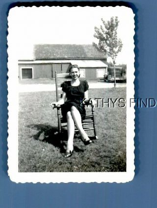 Found B&w Photo N,  0019 Pretty Woman In Dress Sitting In Chair,  Legs Crossed