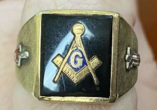 Vintage 10k Gold & Black Onyx Freemason Mens Ring Sz 10.  5